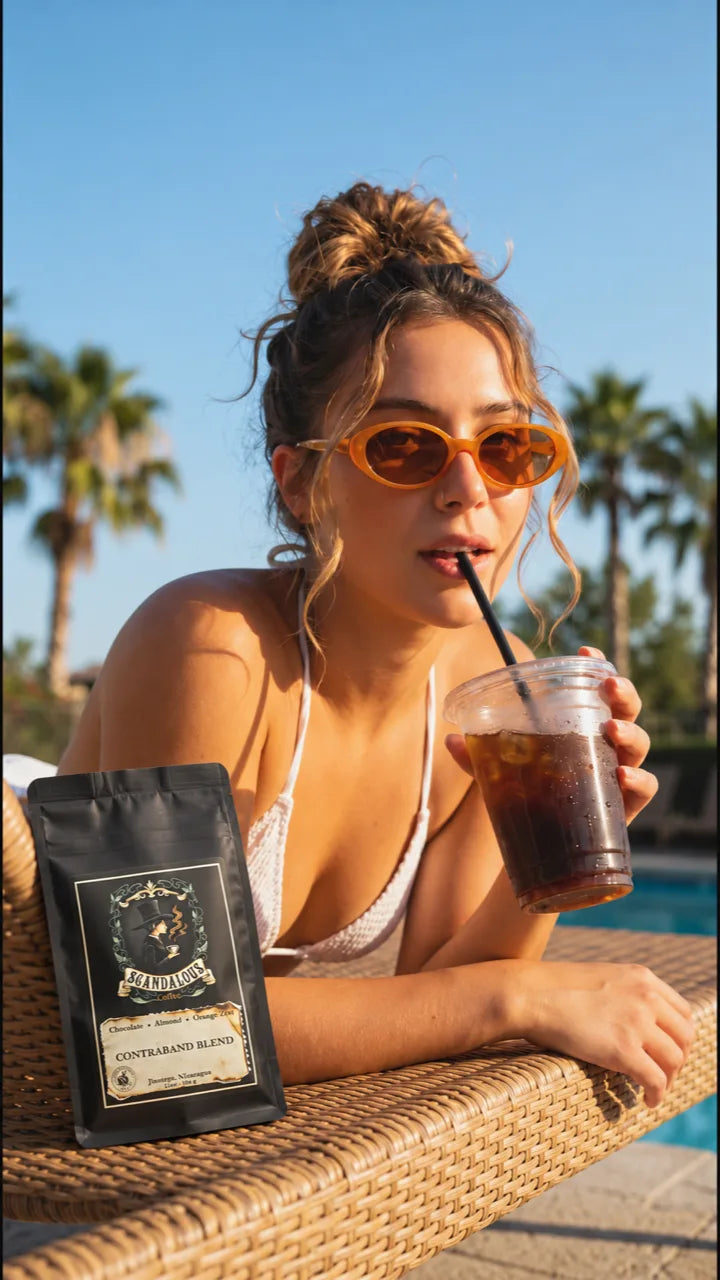 Woman in orange sunglasses sipping iced coffee on a poolside lounger beside a Contraband Blend bag.