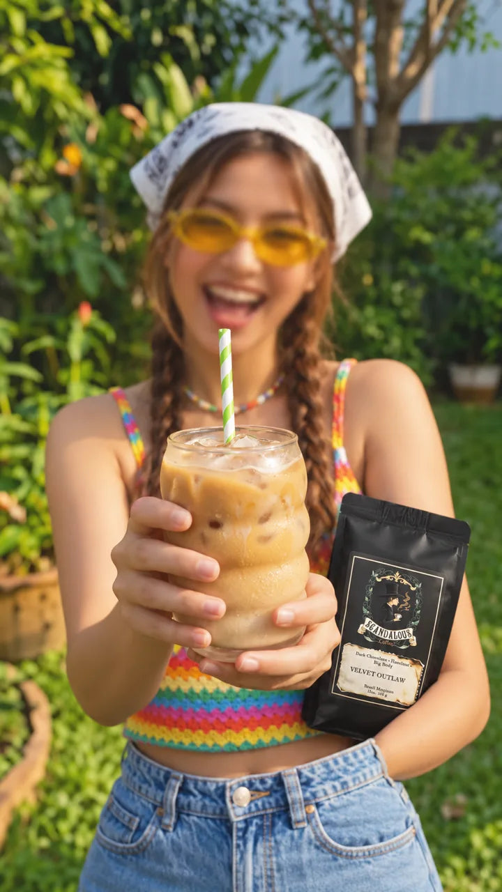 A bandana-wearing adult holds iced coffee in a sunny garden with a Velvet Outlaw bag tucked at the waist.