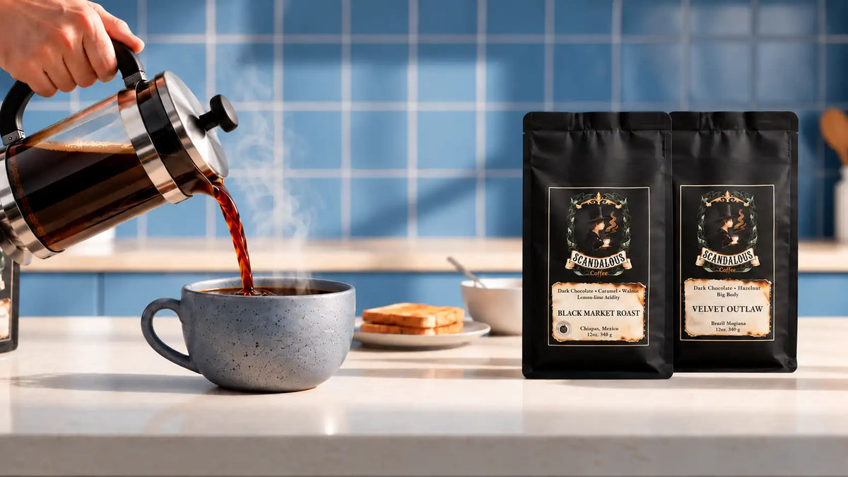 Coffee pouring from a French press beside bags of Black Market Roast and Velvet Outlaw