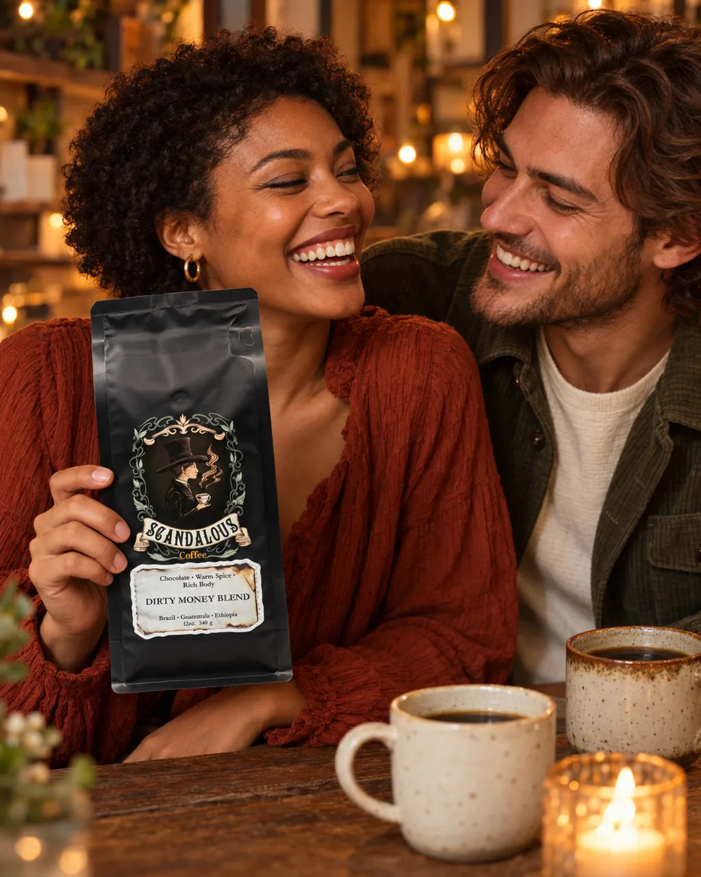 Two friends laughing in a cozy café, one holding a bag of Scandalous Coffee Dirty Money Blend