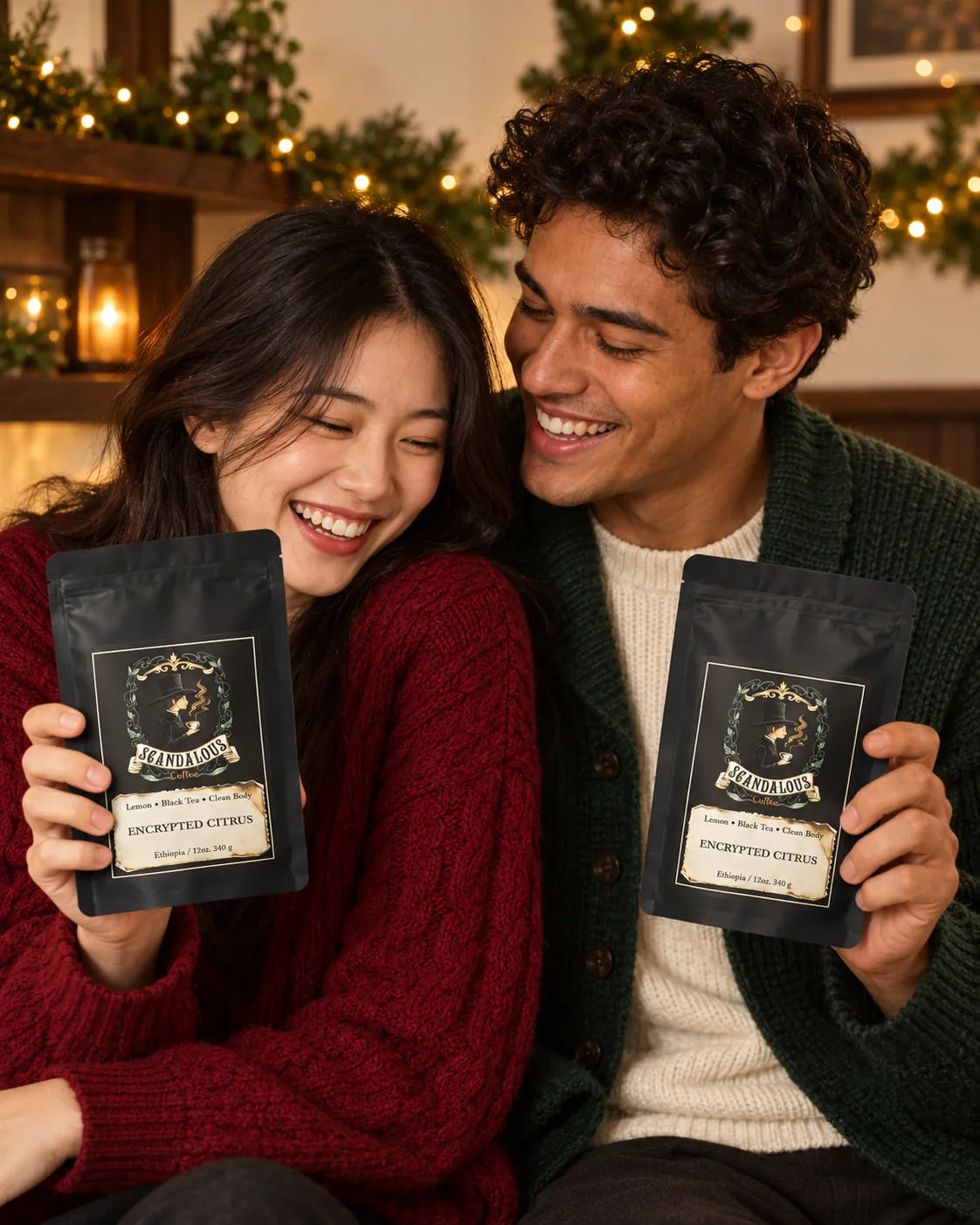 Two friends in holiday knitwear laughing and holding bags of Encrypted Citrus coffee