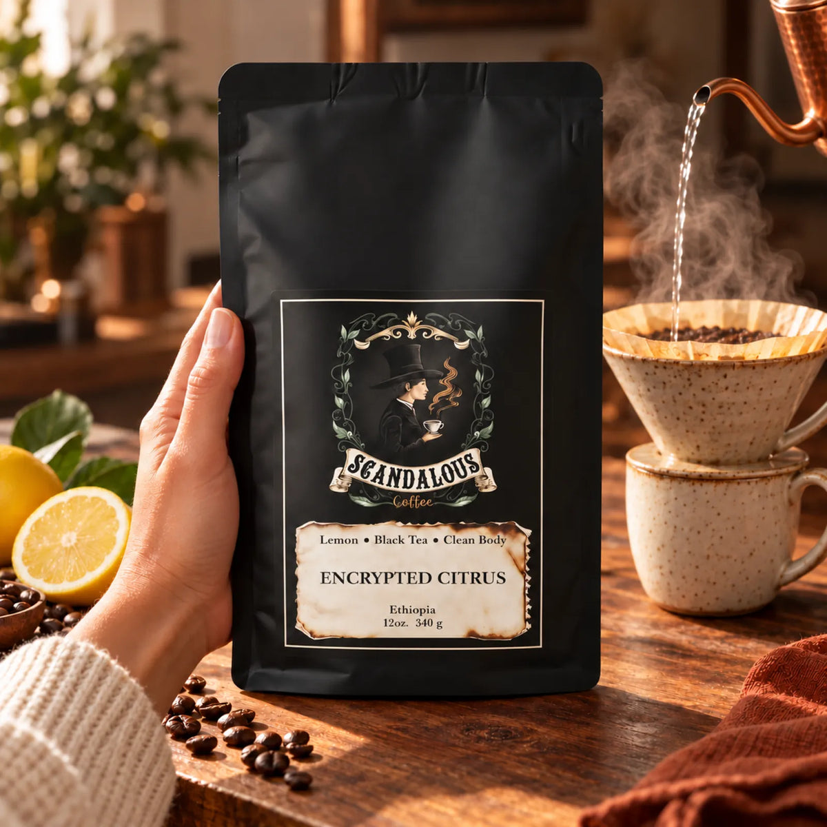 Hand holding Encrypted Citrus coffee beside a pour-over being brewed with a copper kettle