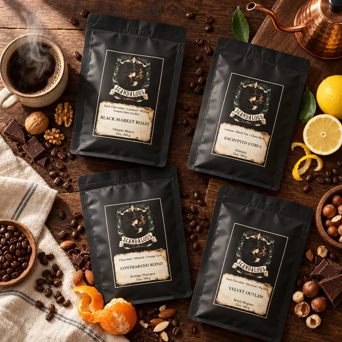 All four Scandalous Coffee roasts on a walnut table with a steaming mug, copper kettle and their flavour notes