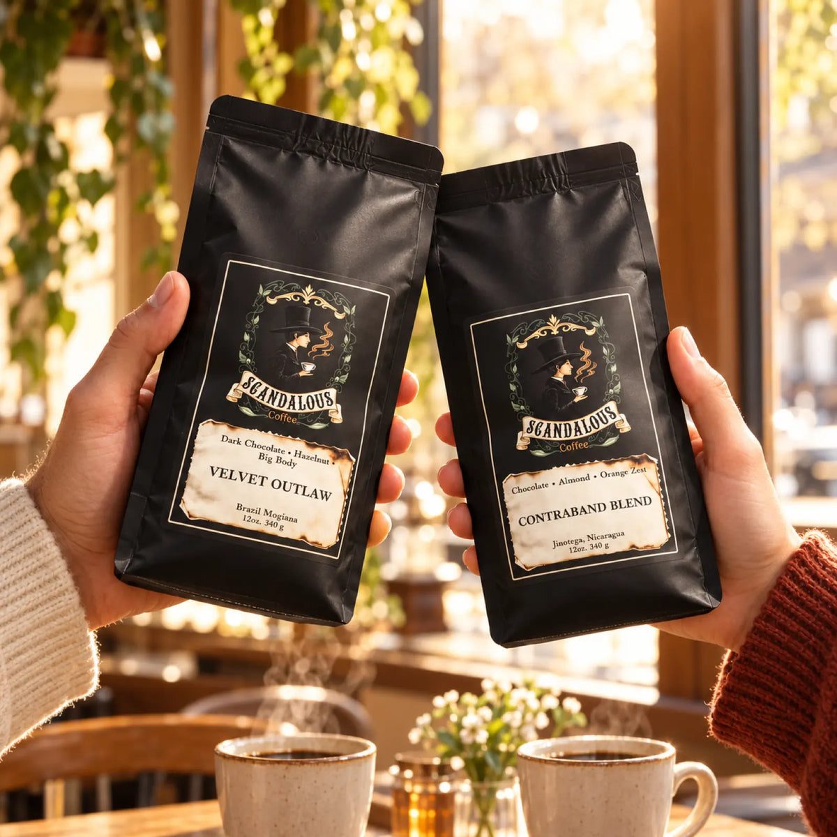Two hands raising bags of Velvet Outlaw and Contraband Blend coffee in a sunlit café