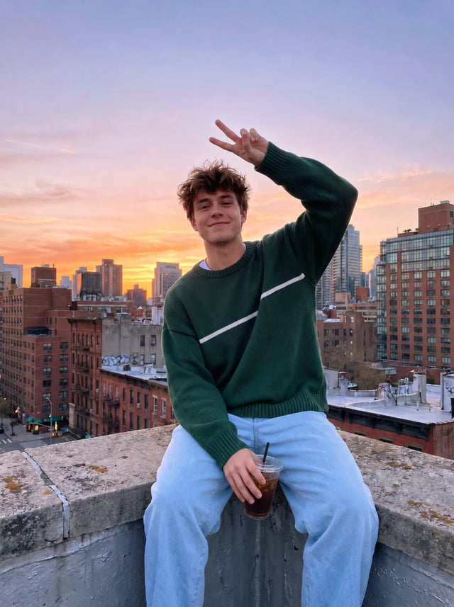 Person in a green sweater holding iced coffee and making a peace sign on a city rooftop at sunset.